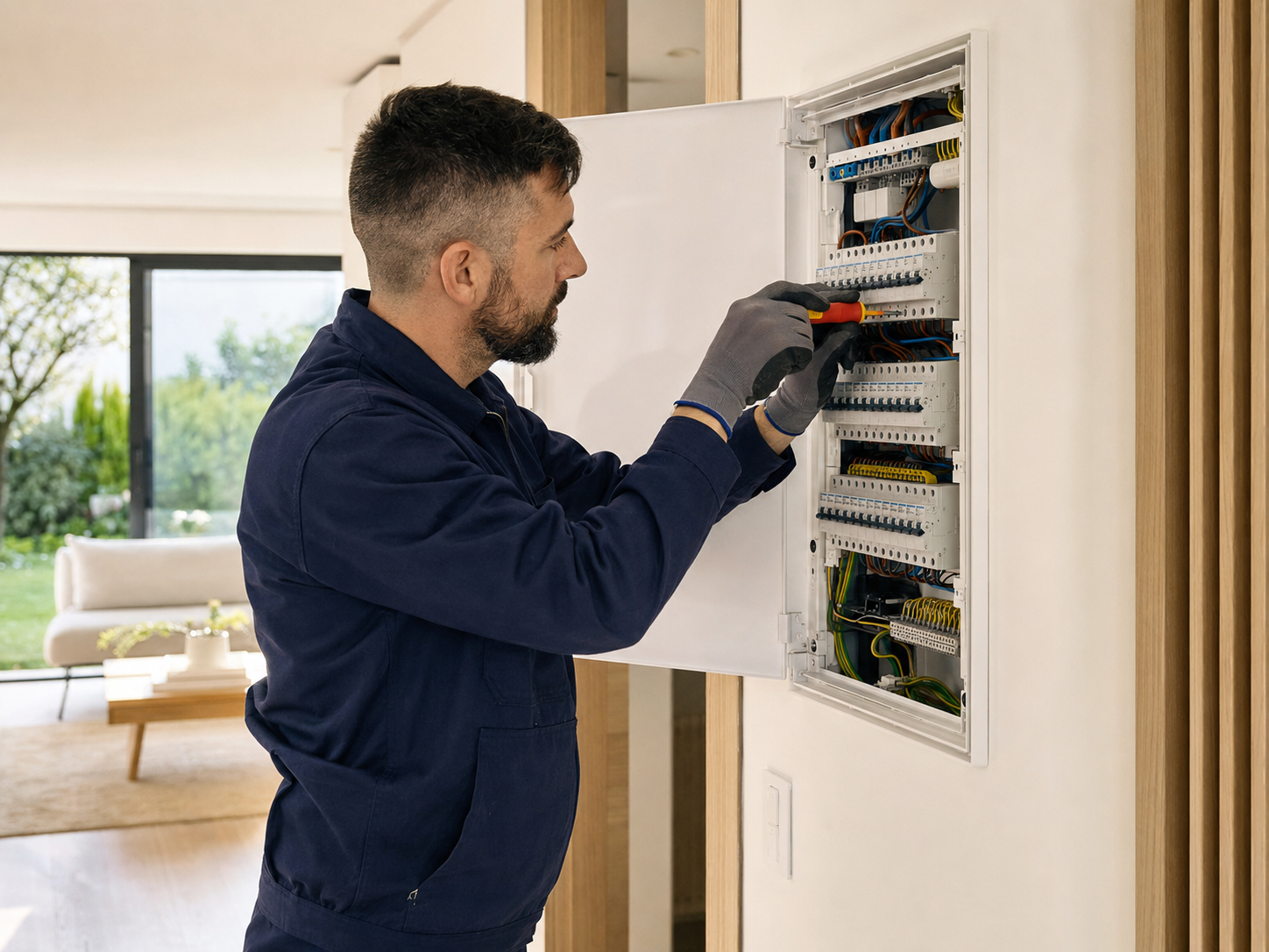 Électricien intervenant sur un tableau électrique dans une maison